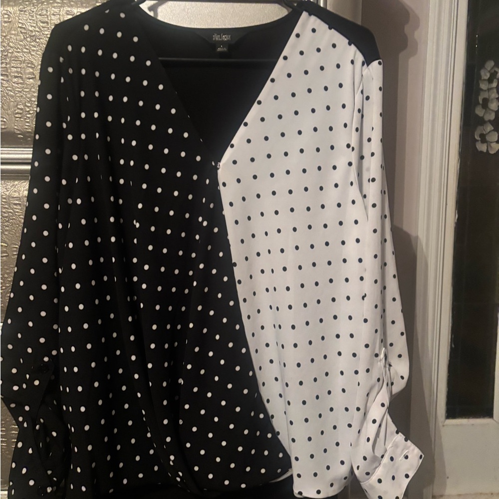Investments Black and White Puff Sleeve Blouse with Asymmetrical Design